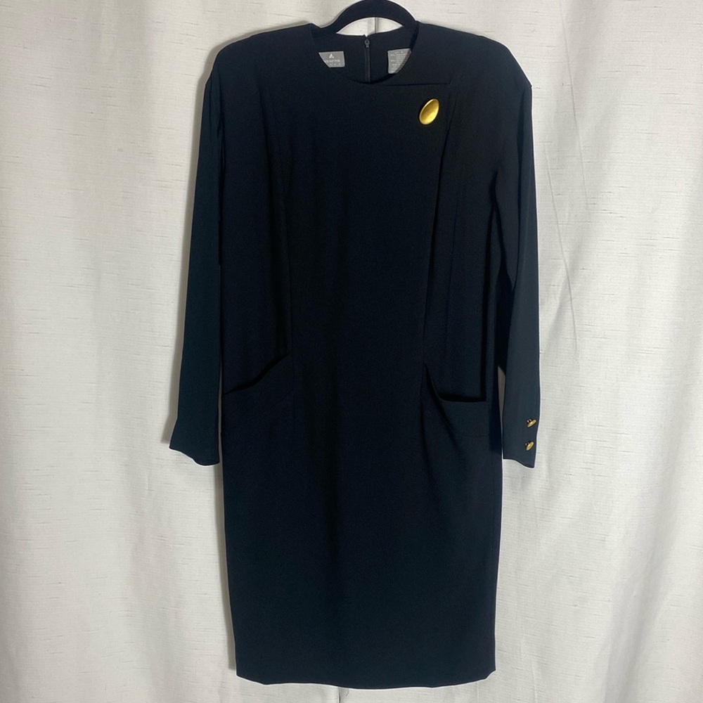 Liz Claiborne Black Shift Dress Size 4 Gold Button Vintage Style - Picture 5 of 14